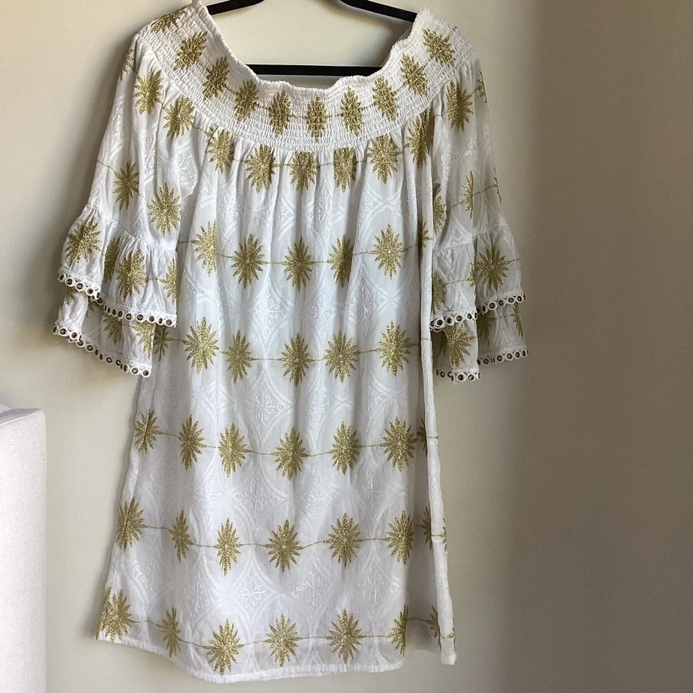 Boston Proper Metallic Detail Off-The-Shoulder Dress Womens Small White Gold - Picture 9 of 15